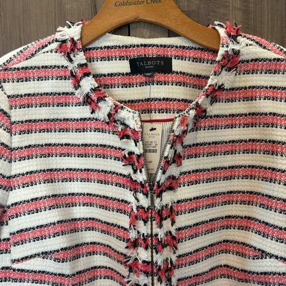 Talbots 16P Jacket Blazer Tweed White Pink Black Stripe Zip Front - Picture 6 of 11